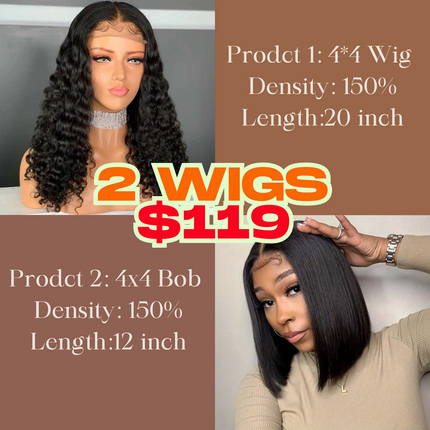 2 Wigs $119 for 20" 4*4 Lace closure Wig and 14'' Lace Closure Short Bob Wig