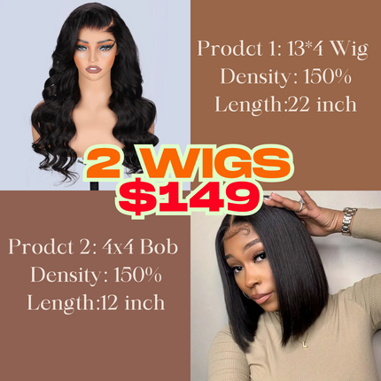 2 Wigs $149 for 22" 13*4 Lace Front Wig and 14'' Lace Closure Short Bob Wig