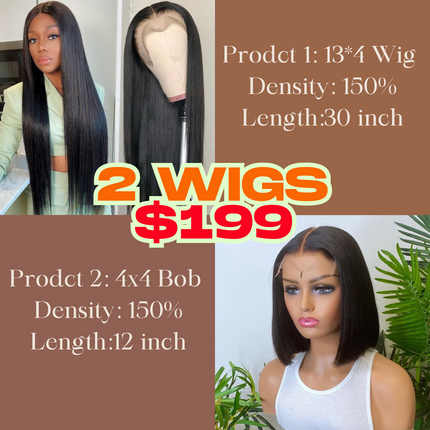 2 Wigs $199 for 30" 13*4 Lace closure Wig and 12'' Lace Closure Short Bob Wig