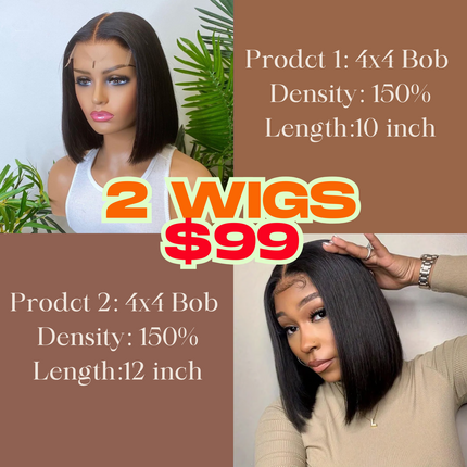 2 Wigs $99 for 12" 14'' Lace Closure Short Bob Wig