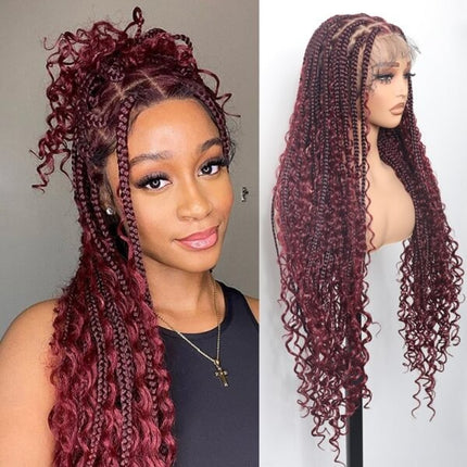 36Inch Boho Knotless Braids 99J Burgundy Full Lace Braided Wig  Tangle-free Curly Ends