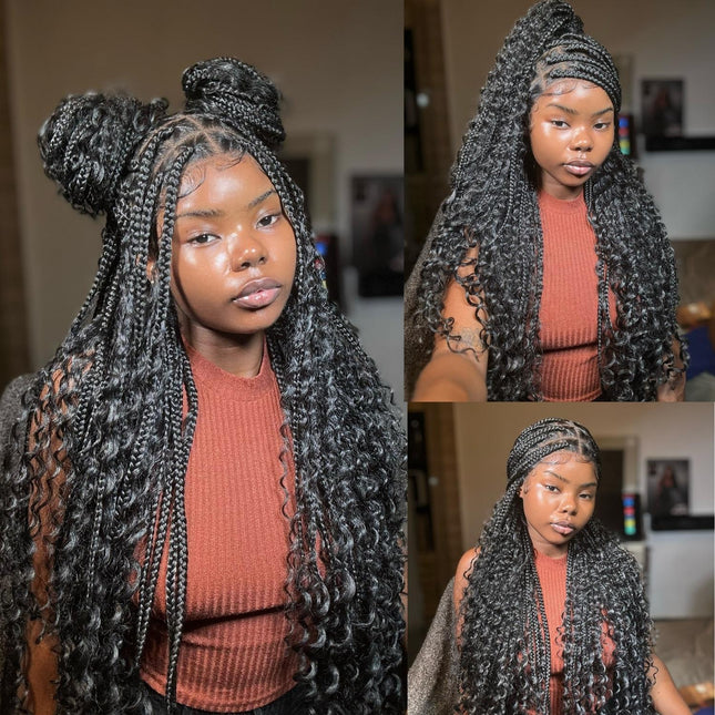 36 Inches Full Lace Premium Synthetic Fiber Bohemian Box Braided Wigs Wavy